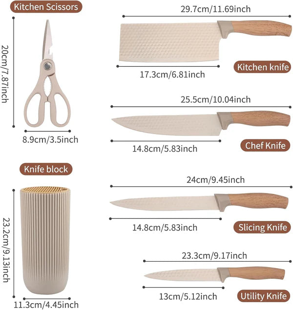 TIDLUX Premium Khaki 6-Piece Stainless Steel Kitchen Knife Set with Universal Knife Block - Tidlux