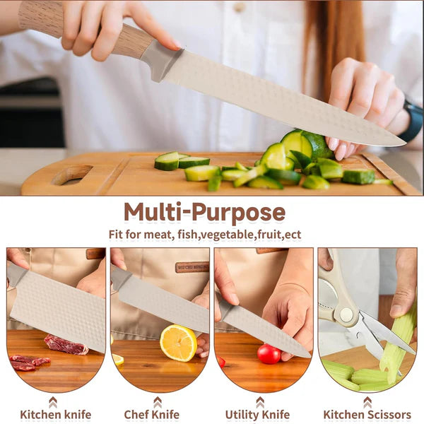 TIDLUX Premium Khaki 6-Piece Stainless Steel Kitchen Knife Set with Universal Knife Block - Tidlux