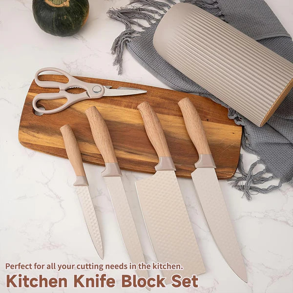 TIDLUX Premium Khaki 6-Piece Stainless Steel Kitchen Knife Set with Universal Knife Block - Tidlux