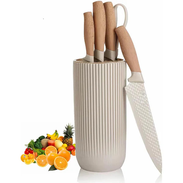 TIDLUX Premium Khaki 6-Piece Stainless Steel Kitchen Knife Set with Universal Knife Block - Tidlux